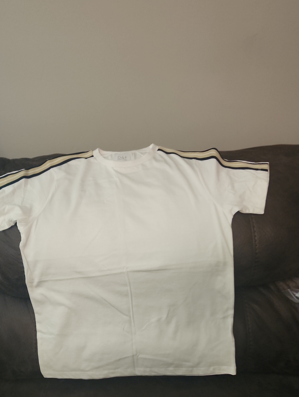 Men's White Crewneck Tee with Contrasting Shoulder Stripes
